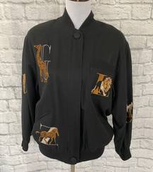 The  women S silk/cotton blend embroidered animal print zip jacket black