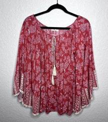 HUMMINGBIRD Floral Boho Blouse Size Large Women's Longsleeve Boho Top