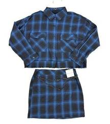 Honey Punch - Chain Detail Plaid Mini Skirt & Oversized Shacket in Blue