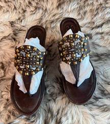 Tory Burch  Womens Sz 8 Brown Leather Wedge Heel Platform Bronze Studs