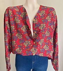 VINTAGE 90’s Liz sport red floral button front relaxed fit blouse