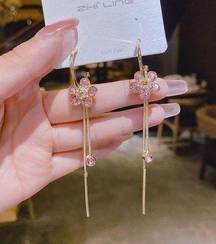 Elegant Pink Crystal Flower Long Tassel Dangle Drop Earrings for Women