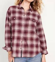 Old Navy  NWT Maroon White Plaid Loose Flannel Boyfriend Shirt