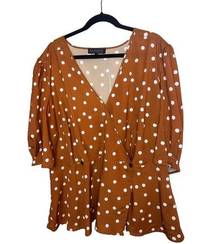 Eloquil Women’s Blouse Ploka Dot Burnt Orange White Size  24 V Neck