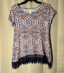 Just Be… Medium Multicolored Aztec Print Blouse Blue Lace Fringe Hem