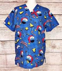 Sesame Street  Blue Cookie Monster Santa Cookies Scrub Top Uniform Size S