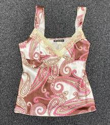 Y2k vintage cami top paisley print white brown pink boho beaded large