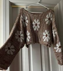 These Three Boutique Brown & White Flower Crop Sweater 