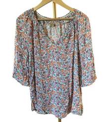 Floral Feminine Woven Ruffle Peasant Boho Cottage Modest Top Medium