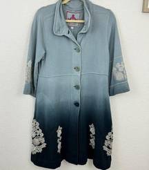 Johnny Was Women's JW LA Cotton Embroidered Long Coat Gray Blue Ombre Size M