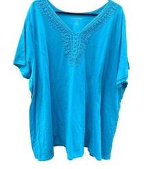 Woman Within size 4X teal tunic embroidered neckline.