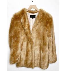 Ann Taylor Faux Fur Oversized Coat Jacket Teddy Collarless Tan Brown Size XS