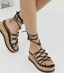 Cork Wedge Tie Up Sandals Black Size 7