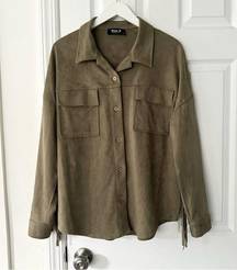 Blue B Boutique Olive Green Brown Fringe Back Sleeves Faux Suede Shacket Top M