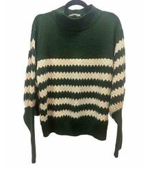 Impressions Women's Mock Turtleneck Sweater Green/Cream Stripe Puff Sleeve Large