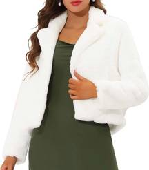 Allegra K Women's Cropped Jacket Notch Lapel Faux Fur Fluffy Coat