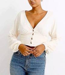 Madewell Deep V Long Sleeve Button Front Crop Top Women’s Large White Cream