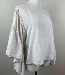 Hippie Laundry Top Women Large Stripe 3/4 Wide Bell Sleeve Ruffle Slight Cropped