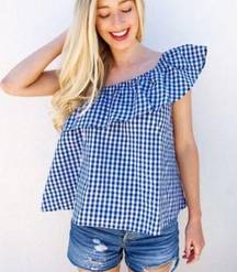 #27 NWT! Sz: XS White and Navy Gingham Reagan Ruffle Top by Lauren James