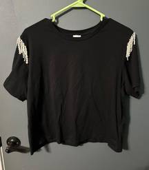 NWOT  faux pearl fringe accent black cropped shirt