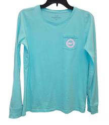 Vineyard Vines Long Sleeve Circle Whale Logo Pocket T-Shirt Teal Blue & Pink XS