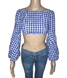 Blue Gingham Check Bell Sleeve Crop Top