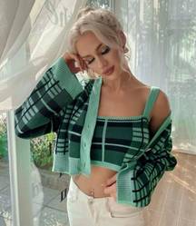 SheIn Green Plaid Cardigan With Top