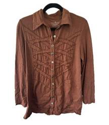 Neon Buddha Brown Ruffle Trim Novelty Media Metal Buttons A Line Tunic Top M