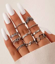 Set of 10 rings, snake, flower, heart, braid, crown, silver