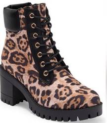 TOP MODA Bianca Faux Leather Lace Up Block Heel Ankle Bootie Leopard 7.5 NEW