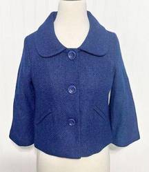 Solemio Womens Button Up Blazer Jacket Collared Cropped Blue Viscose Wool Small