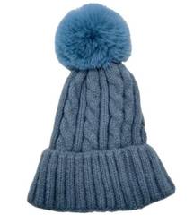 ILLUMA Women’s Blue Cuffed Cable Stitch Faux Fur Pom Pom Beanie Hat NWT