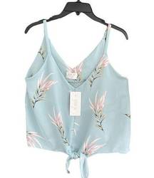 Sienna Sky  Boho Blue Floral Cropped Top Front Tie Blouse Size Medium