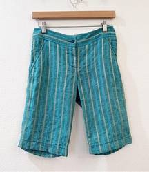 M  Vintage Green Woven Stripe Flax Linen/Cotton Bermuda Shorts Size 2