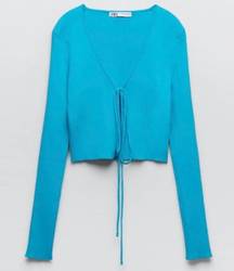 ZARA NWT  Blue Ribbed Rib Knit Front Tie Cardigan Open Front Top Size Small