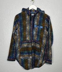 Kavu Women S Black Blue White Woven Pattern Hooded Jacket Long Sleeve Full Zip