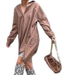 Brown Dipped Hem Oversized Shirt Dress