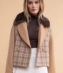 Rachel Parcell Tan Almond Plaid Double Breasted Faux Fur Collar Coat Size M NWT