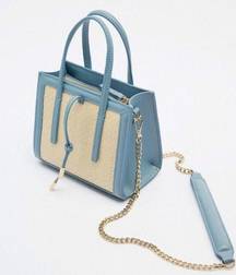 Zara Leather and Woven Straw Purse Crossbody Handle Bag Blue Cream