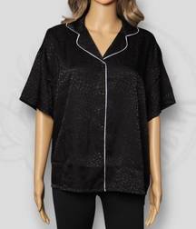 BCBGMaxazria Women's Pajama Top Satin Button Front Sleepwear Black Leopard Sz L