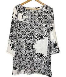 OVI Semi-Sheer Black & White Print Dress w/Button-Back Sleeves