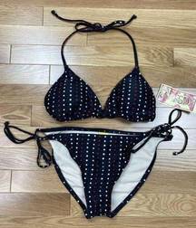 New Surfside Polka Dot 2 Pc Bikini Juniors Lg Black Red Metallic Triangle String