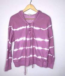 Forever 21  Tie Dye Pink and White Hoodie Lace Up Top Medium ~