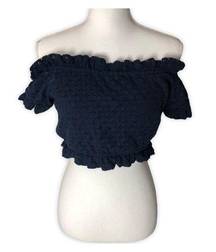 Lefties Off-shoulder Ruffled Navy Blue Crop Top