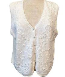 Vintage Y2K 90’s White Knit Sweater Vest Grannycore Granny Chic 2000’s Pearl Button Up Down Sleeveless Crochet Flower Size Medium 