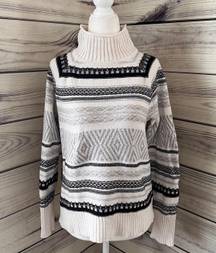 CHAPS Ivory & Grey Striped Fair Isle Mock Turtleneck Sweater