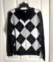 Argyle Pattern V-Neck Sweater Size M Black Multi
