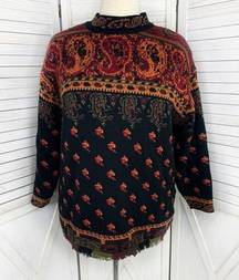 Vintage JK America Paisley Fringe Hem Chunky Tunic Sweater Black 22 24