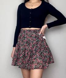 Black & Red Floral Flower-Pattern Tiered Chiffon Mini Skater Skirt |