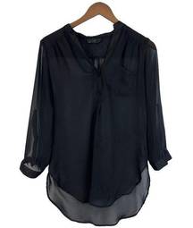 I.N. San Francisco Black Sheer Pullover Long Sleeve V-Neck Shirt Blouse Size M